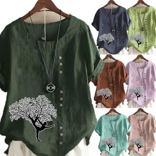 Summer Vintage Women Print Loose T-shirts Cotton and Linen O-Neck Plus Size Casual Short Sleeve Blouse Tops S-5XL
