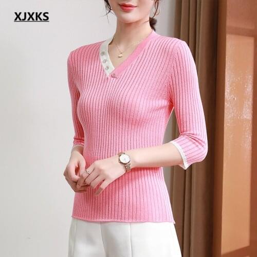 XJXKS Fashion V-neck High Elastic Sweater Women Pullover 2021 Spring Autumn New Women Wool Knitted Sweater