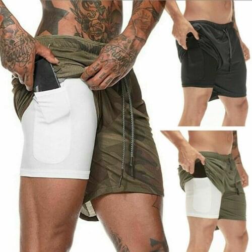 Mens Sports Gym Running Shorts Dual Layer Drawstring Quick Dry with Pocket Pants