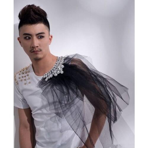 Handmade Rhinestone mesh Nightclub singer epaulette/epaulet shoulder/host performance costume men blazer accessories wholesale