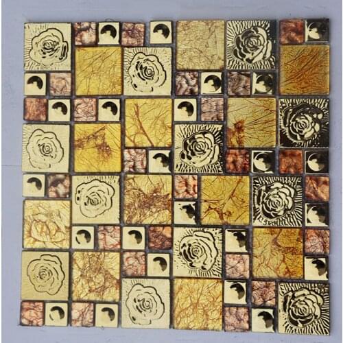 New 3D Metal Gold Flower Art mixed Gold Foil Glass Mosaic Tile, Home imporvment Wall Tile Decorate