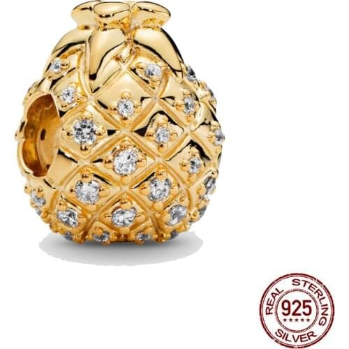 New 925 Sterling Silver Bead Clear CZ Zircon Golden Pineapple Charm DIY fine beads Fit Original Pandora Charms Bracelet Jewelry
