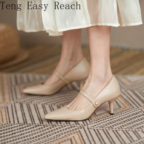 Genuine Natural Leather Pointed Toe Charm Ladies Pumps Nude Black Pointed Toe Thin High Heels Mary Janes Shoes