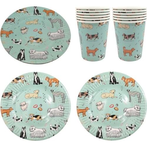 JQSYRISE 6Pcs Dog Paper Plates Cups Disposable Tableware Happy Birthday Party Baby Shower Kids 1st Birthday Pet Party Supplies