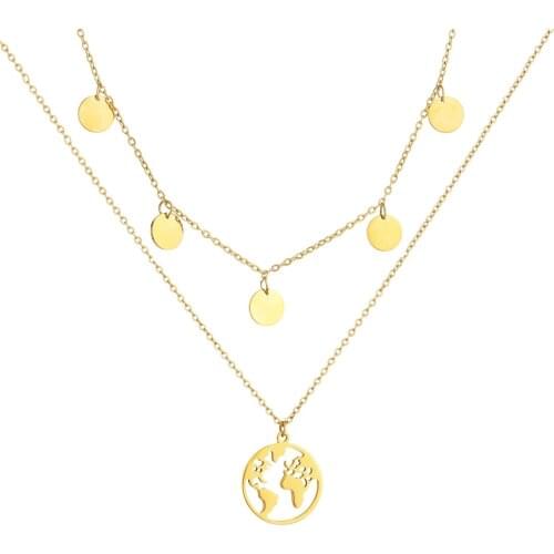 Finding paradise wherever we go Stainless Steel Travel the World Map Necklace and Round Coin Pendant necklace for Woman