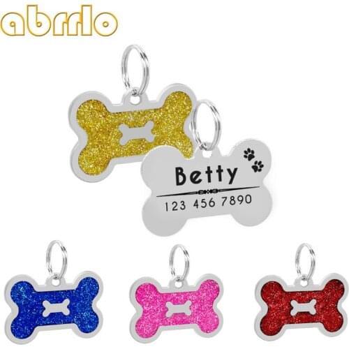 Personalized Dog ID Tag Customized Glitter Bone Shaped Engraved For Cat Puppy Name Tag Pet Dog Accessories Collar Decoration