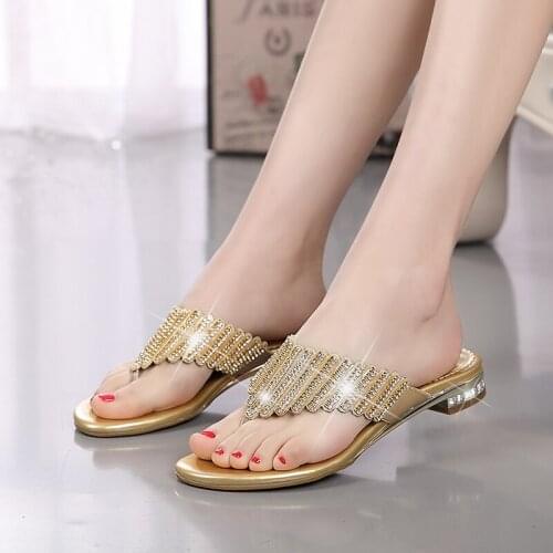 Rhinestone flip flops womens summer thick-heeled low-bottomed sandals and slippers