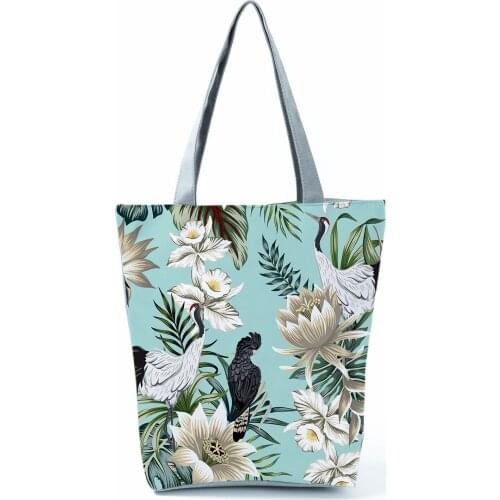 Crane Floral Printed Handbags Fashion Tote Blue Pretty Shoulder Bag Ladies Eco Reusable Shopping Bag High Capacity Travel Bag