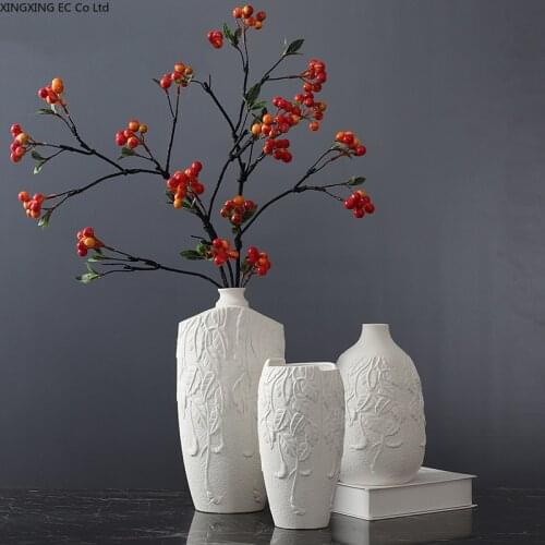 Embossed Leaf Countertop Vase European-style White Ceramic Vase Home Living Room TV Cabinet Decoration Large Vase Decoration Set
