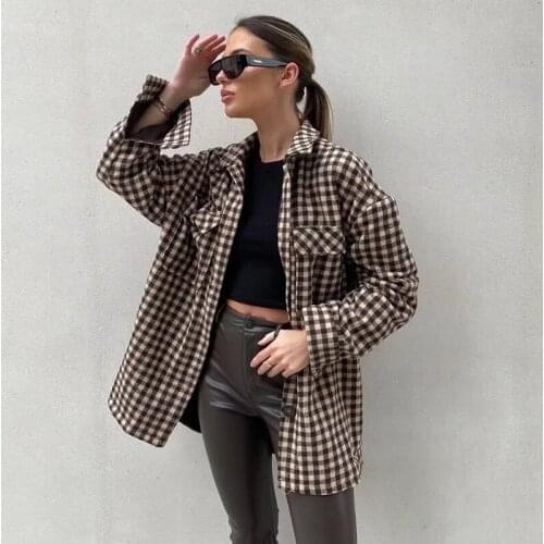 Vintage Plaid Loose Style Shirt Coat Autumn Winter Jacket Blazer Women Top Outfit Pocket 2021 Oversized Jacket Coat Fashion