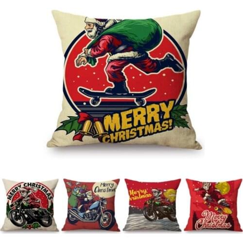 Vintage Skating Santa Claus Motorcycle Christmas Father Xmas Home Decoration Throw Pillow Case Red Merry Christmas Cushion Cover