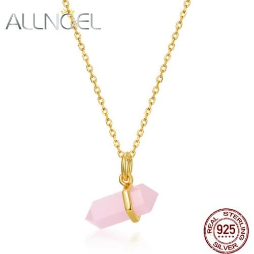 ALLNOEL Solid Sterling Sliver 925 Pendant For Women Synthetic Rose Quartz Real Gold Plated Romantic Fine Women Jewelry New