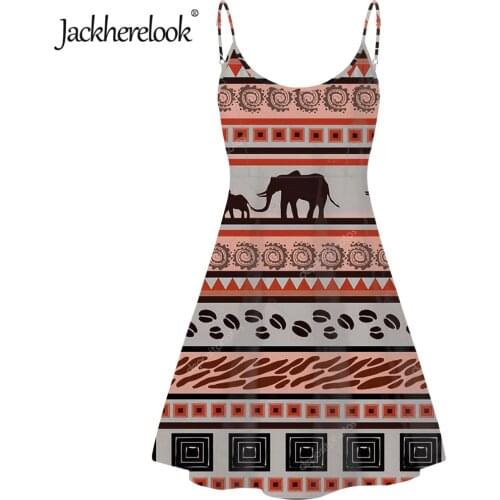 Jackherelook African Tribal Elephant Summer Women Dress Beach Boho Sundress Striped Sleeveless Spaghetti Strap Dress vestidos