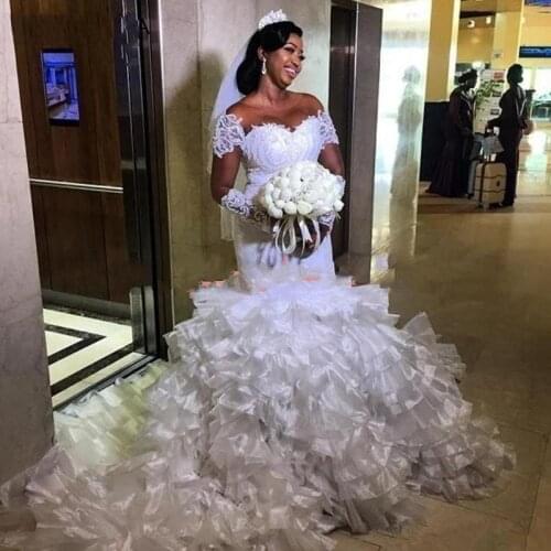 Sexy African Plus size Mermaid Wedding Gowns 2021 Illusion Long Sleeves Lace Ruffles Organza Reception Country Bridal Dresses