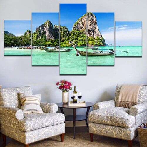 5pcs HD Printing Canvas Painting Phuket Landscape Wooden Boat Art Group Home Decor Wall Poster Modular Picture