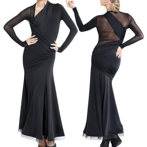 Ballroom Dress Standard Competition Performance Costume Long Sleeve Diagonal Neckline Perspective Back Waltz Modern Black Dress
