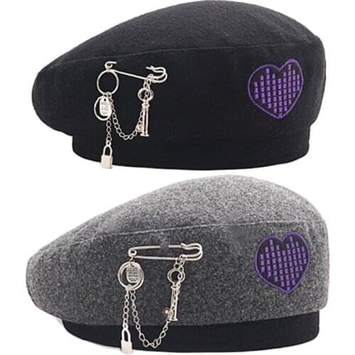 Y1QD Beret Hats in British Campus Style with Chain & Embroidered Heart Decoration Acessories for British Outfit