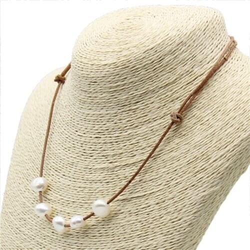 Free shipping popular genuine leather simple adjustable necklace women natural white baroque pearl summer jewelry girl gift