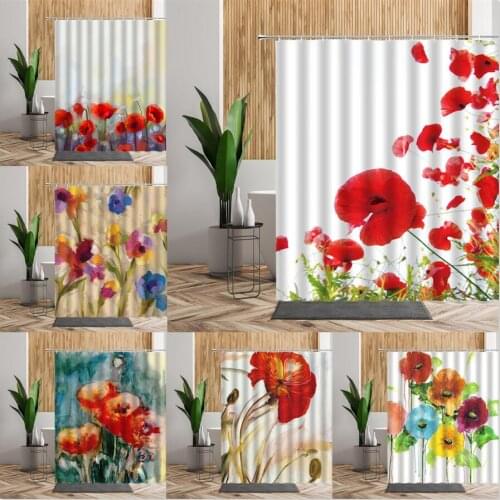 Colored Floral Shower Curtain Set Red Blue Yellow Flowers Bathroom Bath Decor 3D Waterproof Backdrop Fabric Living Room Curtains