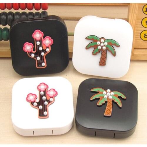 Travel Portable Coconut Trees Flowers Contact Lens Case for Men and Women Plastic Contact Lens Container Holder Lenses Box