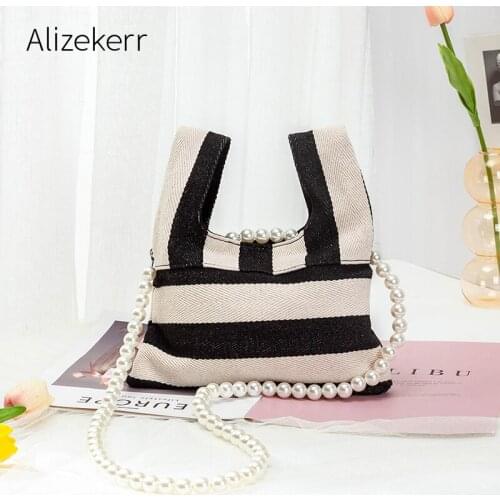 Pearls Chain Canvas Striped Crossbody Bags New Korean White And Black Small Square Handbag Fashionable Shoulder Bag Personality