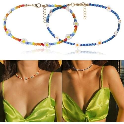 Summer Boho Daisy Flowers Beaded Choker Necklace Colorful Charm Statement Clavicle Choker Necklace for Women Vacation Jewelry