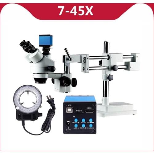 16MP HDMI 7X-45X Microscope Simul-Focal Double Boom Stand Trinocular Stereo Zoom Microscope Camera LED Ring Light Repair Tool