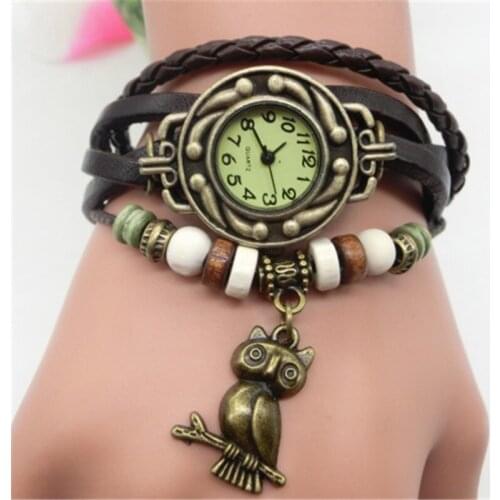 Multicolor High Quality Women Genuine Leather Vintage Quartz Dress Watch Bracelet Wristwatches Owl Gift Christmas Free Shipping
