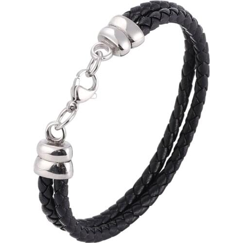 Trendy Double Layer Black Braided Leather Bracelet Men Stainless Steel Lobster Clasp Wristband for Women Casual Jewelry PD1092