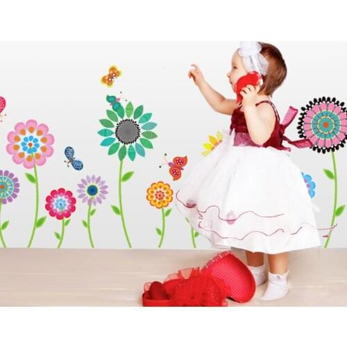 Cartoon Colorful Flowers Wall Stickers DIY Plant Wall Decals for Living Room Kitchen Glass Door Home Decoration