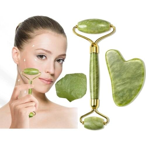 Natural Rose Quartz Jade Roller And Gua Sha Set Jade Stone Massager Roller For Face & Neck Slim Lift Facial Massage Skin Care