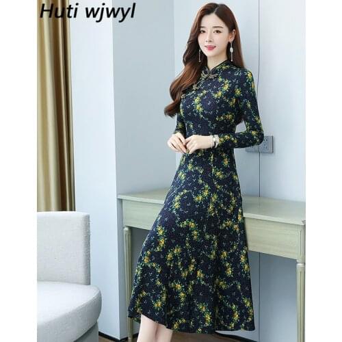 2021 Autumn Winter Vintage Chinese Style Dress Women Elegant Bodycon Maxi Vestidos Casual Knitted Long Sleeve Party Midi Dresses