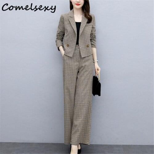 2020 Autumn Korean Fashion Plaid Women Two Piece Pants Suits Sets Long Sleeve Coat + Wide Leg Pants Outfits Fashion Elegant Sets
