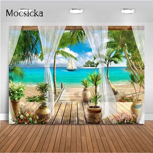 Island Beach Backdrop for Photography Newborn Adult Birthday Portrait Background for Photo Studio palm trees Blue sky and Sea