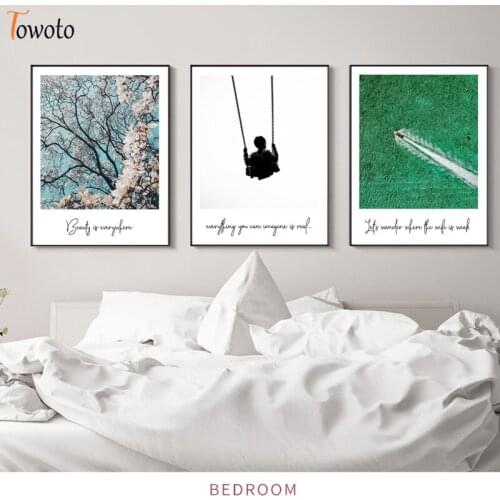 Landscape Canvas Painting Coastal Quote Poster Pink Blossom Nature Print Beach Ocean Wall Art Nordic Boho Decoration Pictures