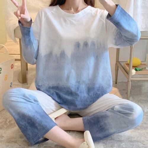 Tie-dye Gradient Pajamas Set For Women Autumn Long Sleeve Sleepwear 2 Piece Cute Tops With Trousers Home Clothes Femme Pijama Mu