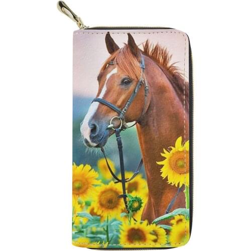 Casual Womens Card Holder Long Wallet Horse Sunflower Print Coin Phone Money Bag Woman Durable Zip Around Purse for Ladies girl