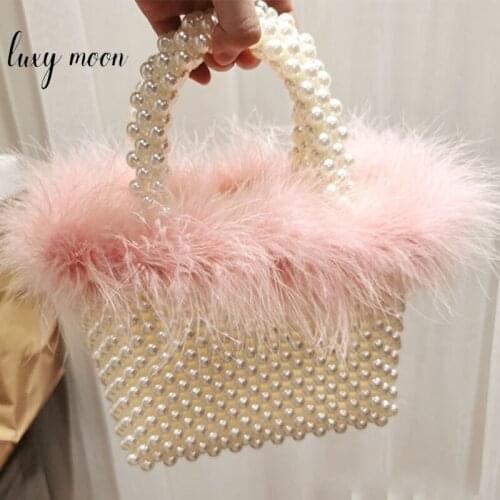 Luxury Pearl Hand Bag for Women Faux Fur Beaded Woven Wedding Clutch Purse Evening Bag for Banquet ZD1838