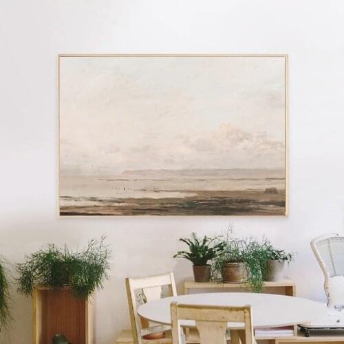 Pink Hazy Beach Rural Coastal Natural Landscape Painting Minimalist Canva Poster Print Farmhouse Barn Decorative for Living Room