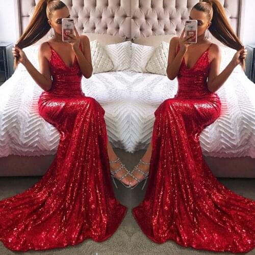 Sexy Red Mermaid Prom Dresses Long 2019 Plunging V Neck Side Split Backless Special Occasion Dresses Sequined Prom Gowns DP0089