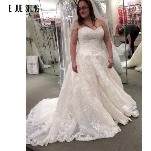 E JUE SHUNG White Wedding Dresses Sweetheart Lace Applique Button Back Wedding Gowns A Line Tulle Bride Dresses Vestido De Noiva