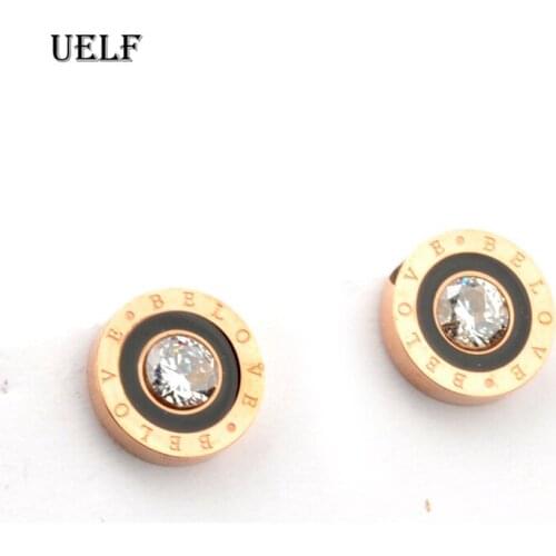 Uelf Luxury Brand Be Love Rose Gold Small Stud Earrings For Women Man Fashion Stainless Steel Zircon Earring Jewelry
