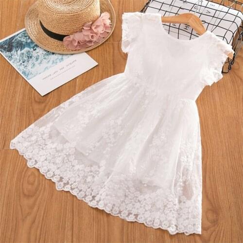 #VW Fly Sleeve Bow Flower Lace Dress Summer O-Neck Solid Color Baby Kids Girls Fashion Party Dress Princess Dresses robe fille