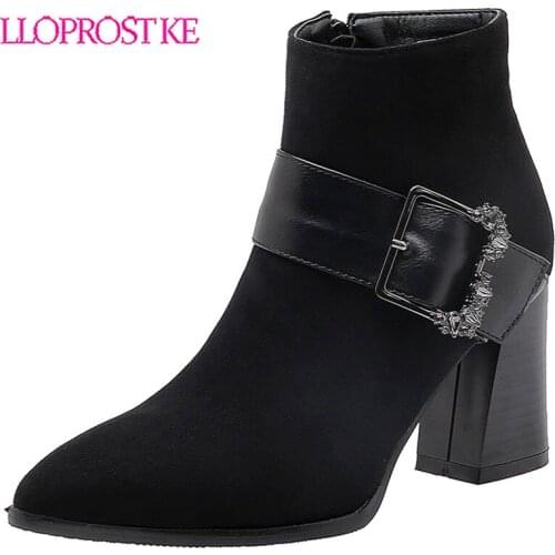 Lloprost ke Crystal Buckle Flock PU Leather Women Shoes Thick Heel Fashion Pointed Toe Zipper Autumn Winter Ankle Boots H563