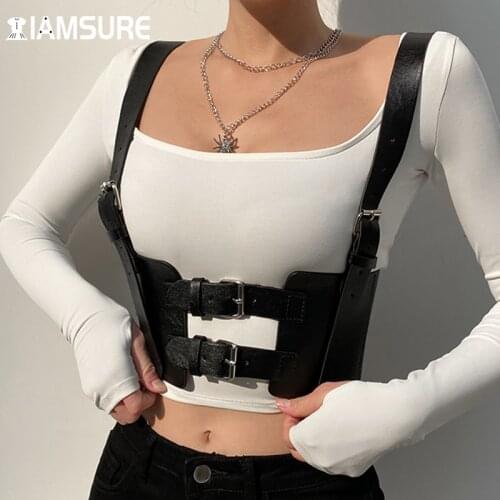 IAMSURE Vintage Pu Leather Corset Top Slim Sashes Sleeveless Crop Tops Women 2021 New Fashion Sweet Streetwear Y2K Aesthetic 90S