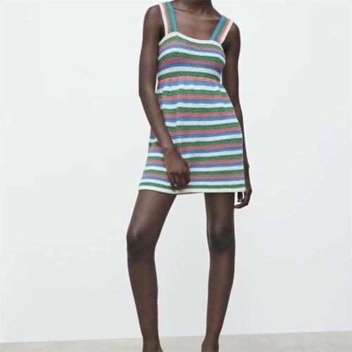 MESTTRAF Women 2021 Fashion Striped Knitted Mini Dress Vintage Straight Neck Wide Straps Female Dresses Streetwear