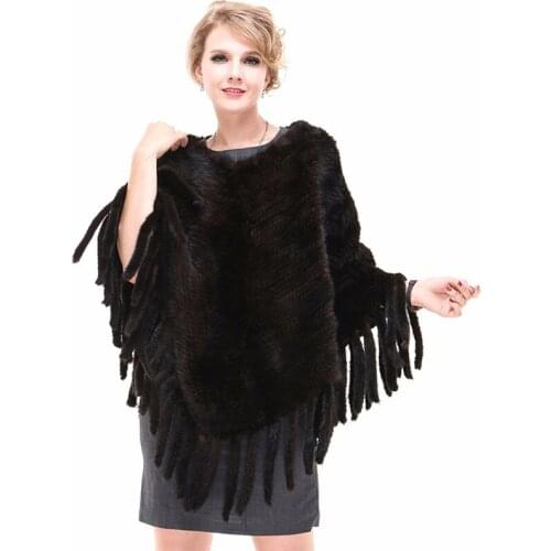 Autumn Winter Womens Genuine Knitted Mink Fur Poncho with Tassels Wraps Lady Pashmina Shawl VF7056