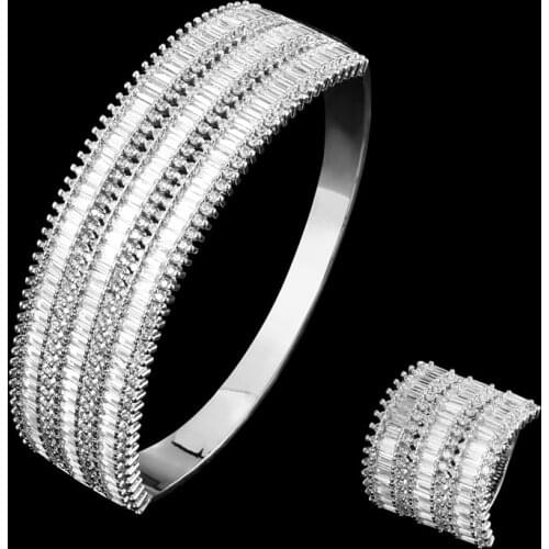 Zlxgirl Hot quality White Clear Zirconia bangle with ring jewelry sets women bridal bridal bracelet anniversary jewelry sets