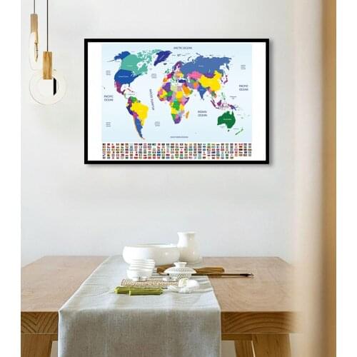 84*59cm The World Map with National Flags Canvas Painting Wall Art Poster Living Room Classroom Home Decor School Supplies