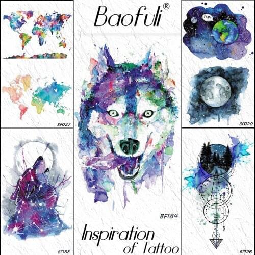 Baofuli Watercolor Wolf Husky Dog Temporary Tattoo Sticker Purple Blue Arrow Fake Tatoos Body Arm Neck Makeup Tattoo Paper Paste